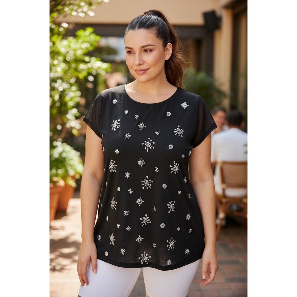 INC International Concepts Womens XL Black Embellished Mesh Top Blouse